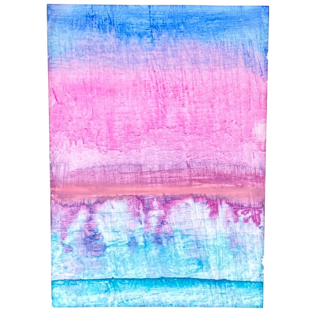 ACEO Original Art Watercolor and Watersoluble Wax Pastel ATC on Yupo Pink Blue